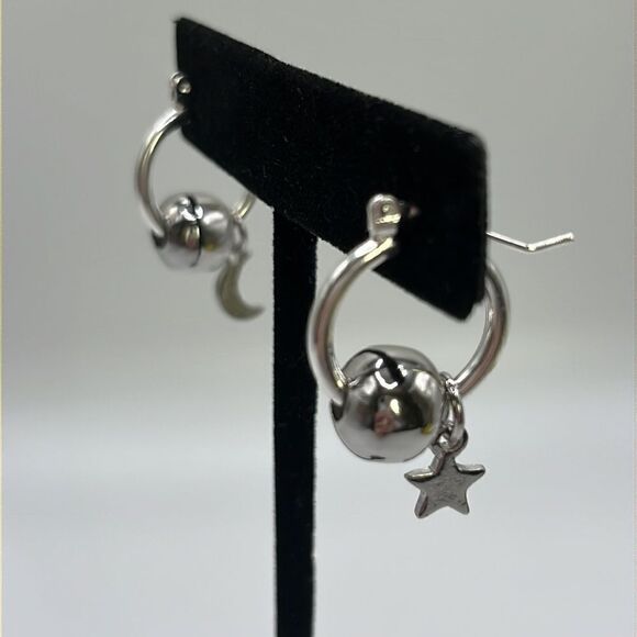 Silver-Plated Tiny Hoop Earrings with Silver-Tone Beads and Moon & Star Charms - Picture 3 of 10